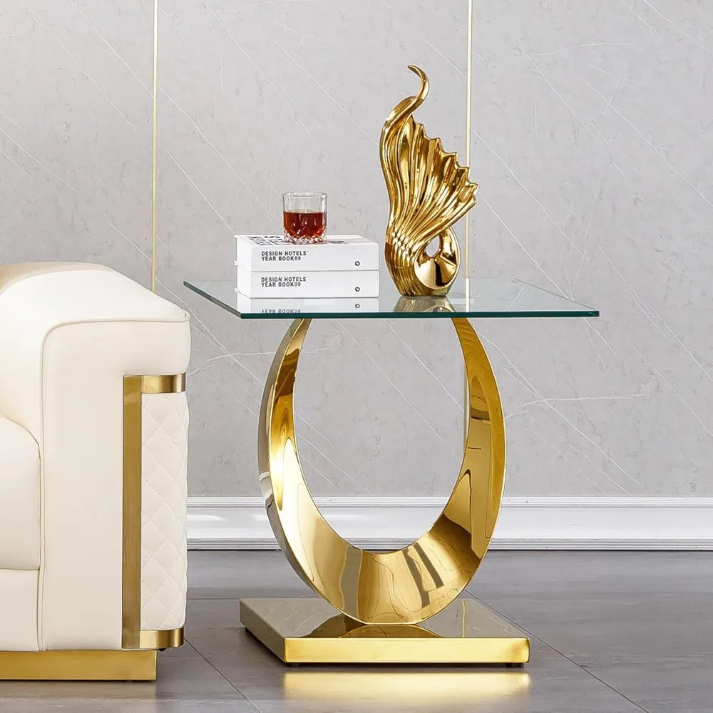 1 Piece Living Room End Table Luxury Glass Side Table, Modern Gold Stainless Steel Pedestal