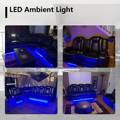 Power Recliner Sofa Set with LED Light, Black Leather Reclining Sofa and Loveseat Set 3-Seater Sofa