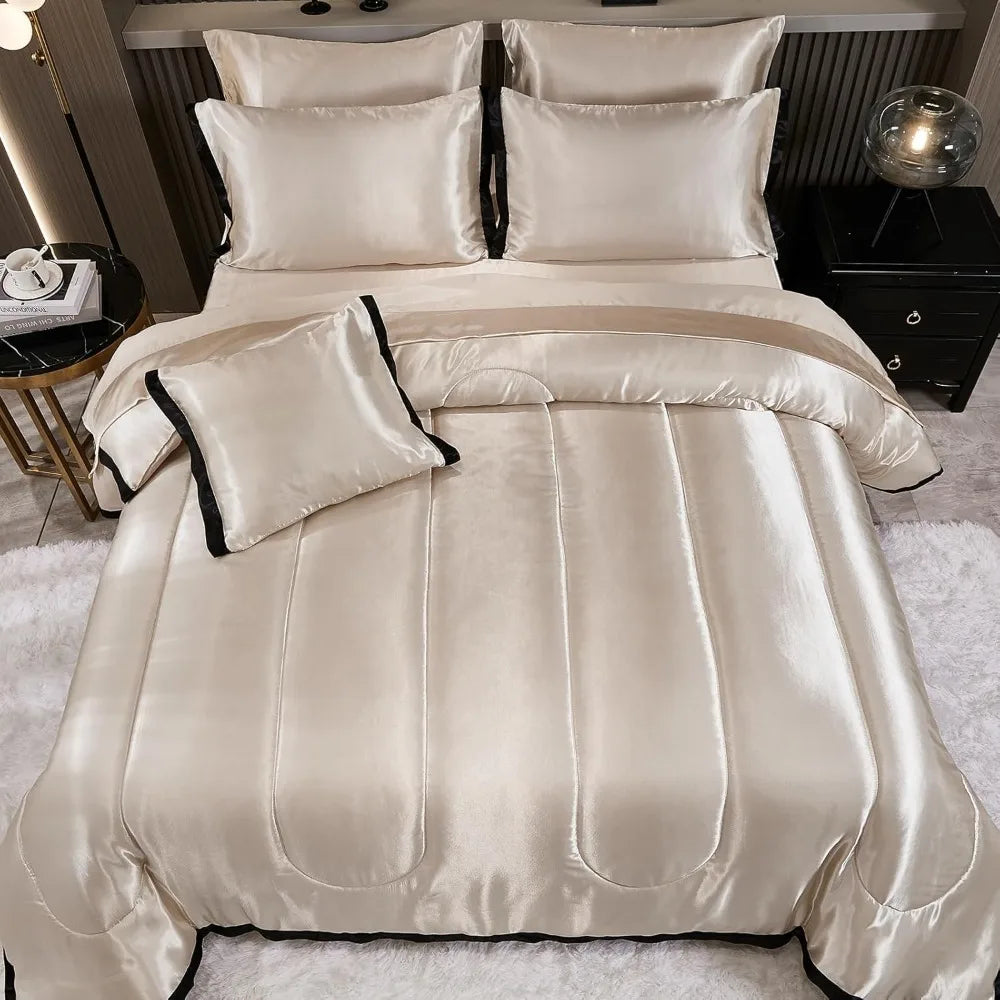 Satin King Comforter Set Silk Like Beige Bedding Comforter 8 Pieces Luxury Bed Sheet