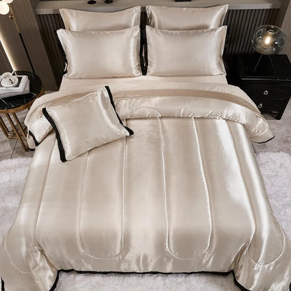 Satin King Comforter Set Silk Like Beige Bedding Comforter 8 Pieces Luxury Bed Sheet