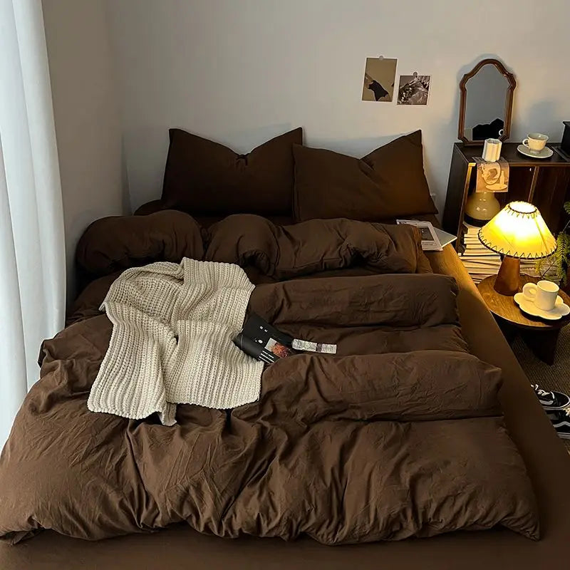 Bedding Set Ambiance Blue Coffee Grid Mixed W / Washed Cotton Fitted Sheets Duvet Cover