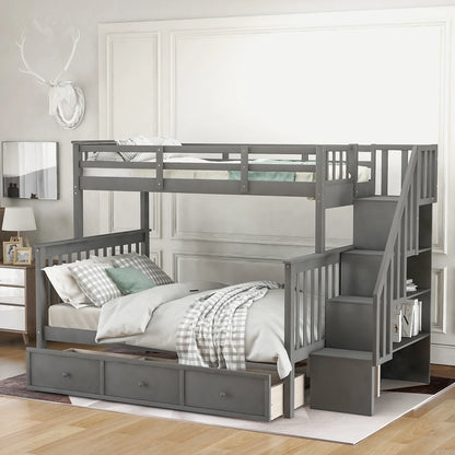 Stairway Twin-Over-Full Bunk Bed W / Drawer, Storage and Guard Rail for Bedroom, Dorm, for Adults