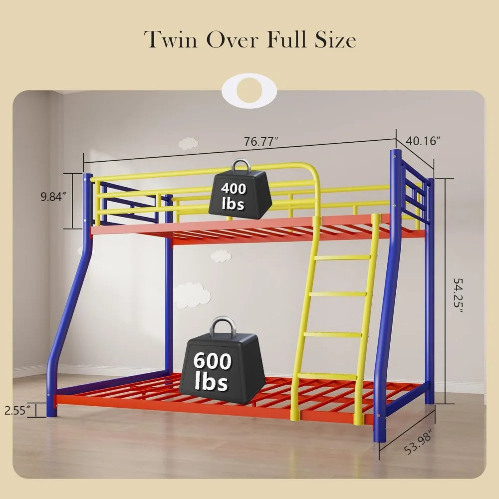 Adults Twin Over Full Bunk Bed W / Safety Rail and Ladder, Colorful Full Size Bed Frame, Trundle Bed T Option