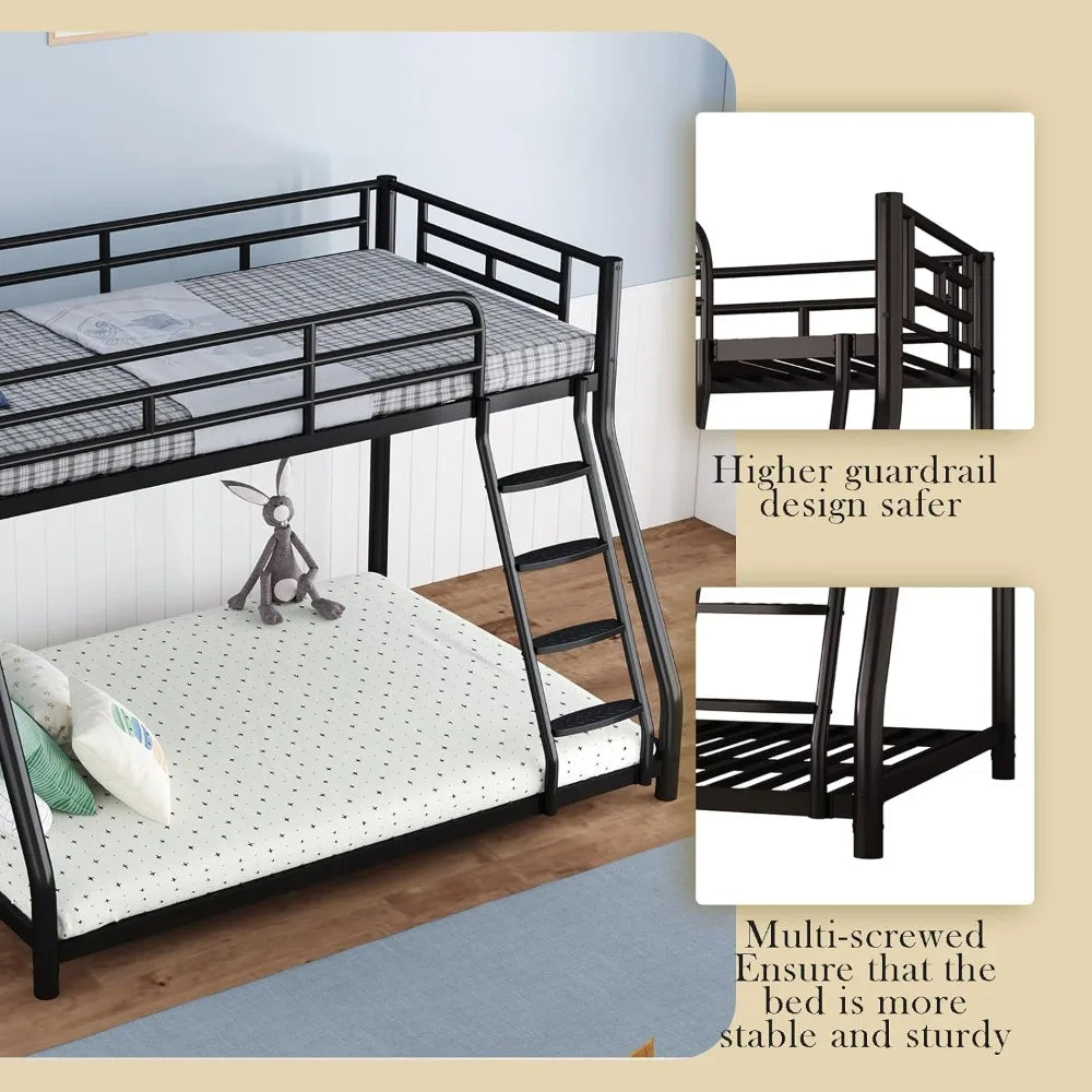Metal Bunk Bed, Full Size Bed Frame, Twin Over Full Bunk Bed W/ Safety Guardrail and Ladder