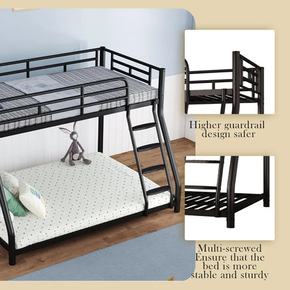 Metal Bunk Bed, Full Size Bed Frame, Twin Over Full Bunk Bed W/ Safety Guardrail and Ladder