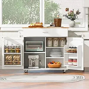 Outdoor Kitchen Island, Rolling Bar Cart & Storage Cabinet, Farmhouse Solid Wood Outdoor Grill Table with Stainless Steel Top,