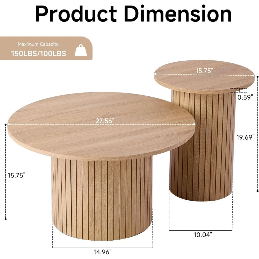 Round Nesting Coffee Tables Set of 2, Wood Slat Side Table