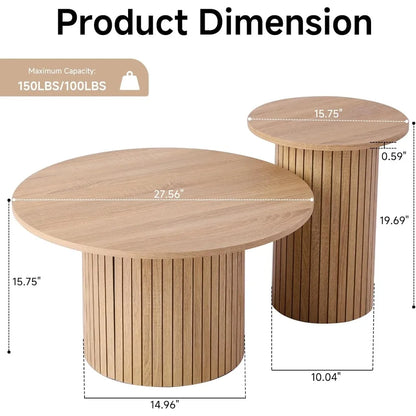 Round Nesting Coffee Tables Set of 2, Wood Slat Side Table