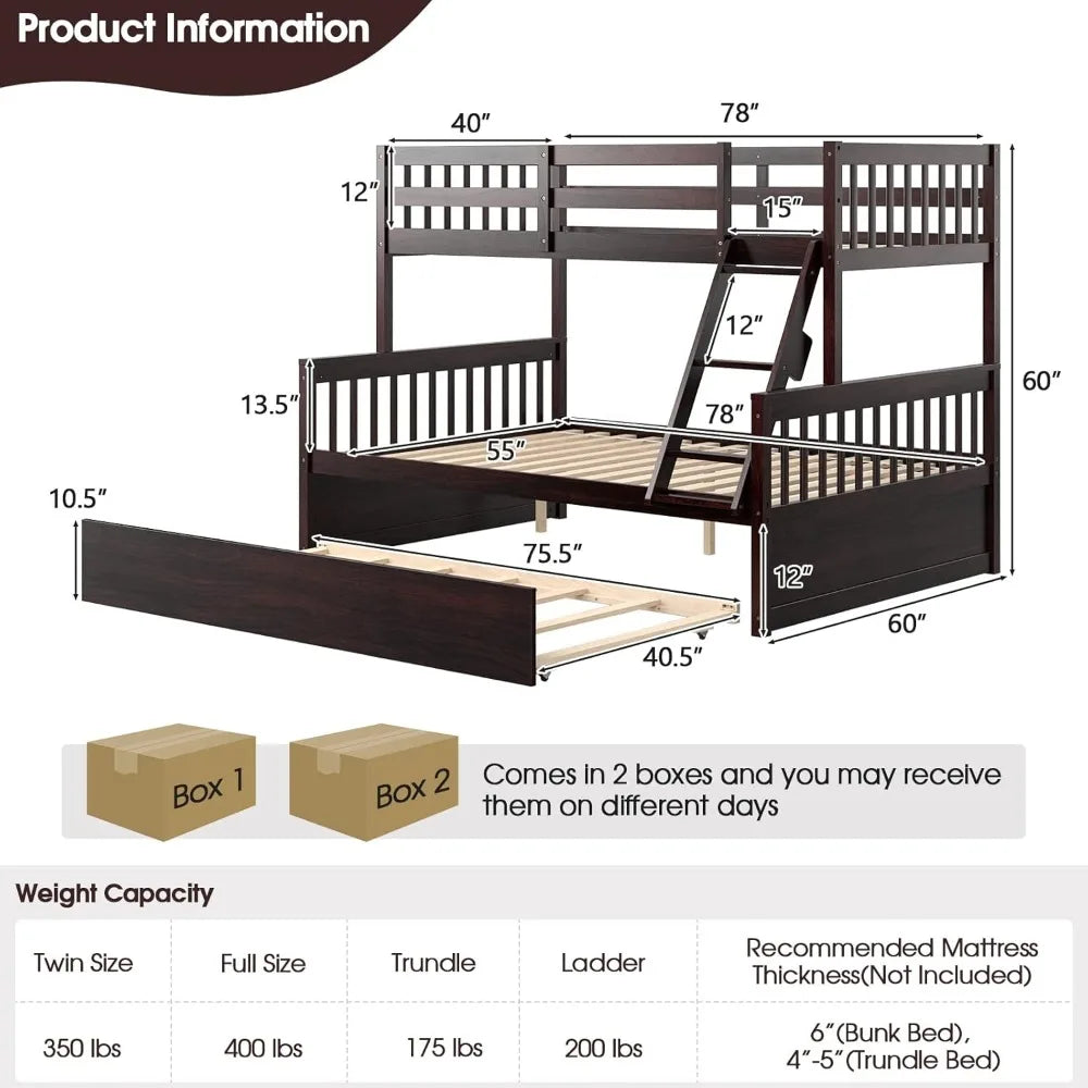 Twin over full bunk bed W / trundle, solid pine wood frame, space-saving design with ladder and safety rails