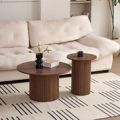 Round Nesting Coffee Tables Set of 2, Wood Slat Side Table