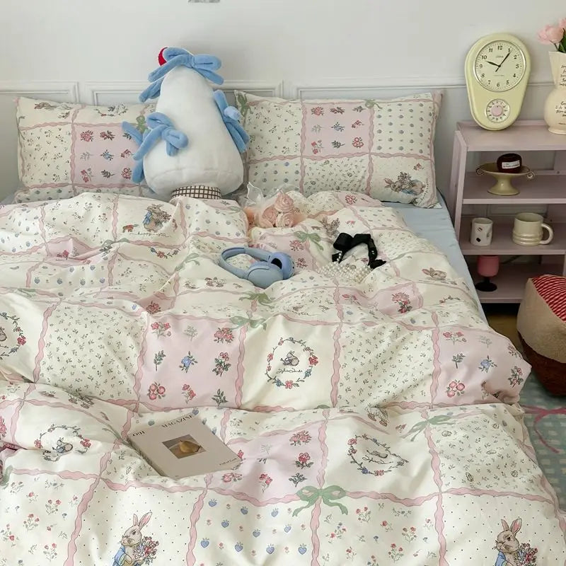 Pink Floral Bedding Set Soft Single Double Queen Size Duvet Cover Flat Sheet Pillowcase