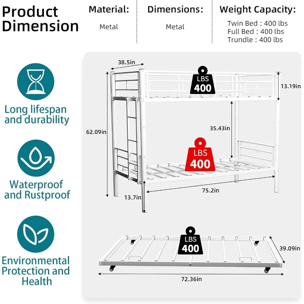 Heavy-Duty Twin Over Twin Bunk Bed with Trundle and Side Ladder, Convertible Bunkbed with Safety Rails for Secure Sleep
