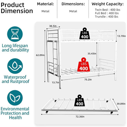 Heavy-Duty Twin Over Twin Bunk Bed with Trundle and Side Ladder, Convertible Bunkbed with Safety Rails for Secure Sleep