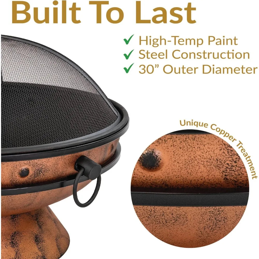 Sunnydaze 30-Inch Large Outdoor Fire Pit - Wood Burning Fire Pit for Outside with Poker and Screen - Copper Finish - Royal Cauld