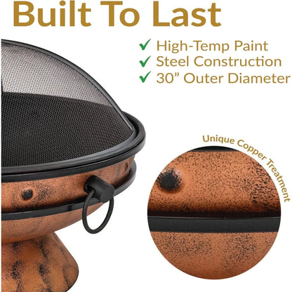 Sunnydaze 30-Inch Large Outdoor Fire Pit - Wood Burning Fire Pit for Outside with Poker and Screen - Copper Finish - Royal Cauld