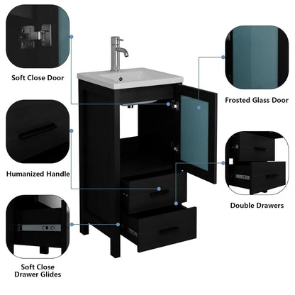 16" Modern Black Bathroom Vanity with Sink Faucet Drain