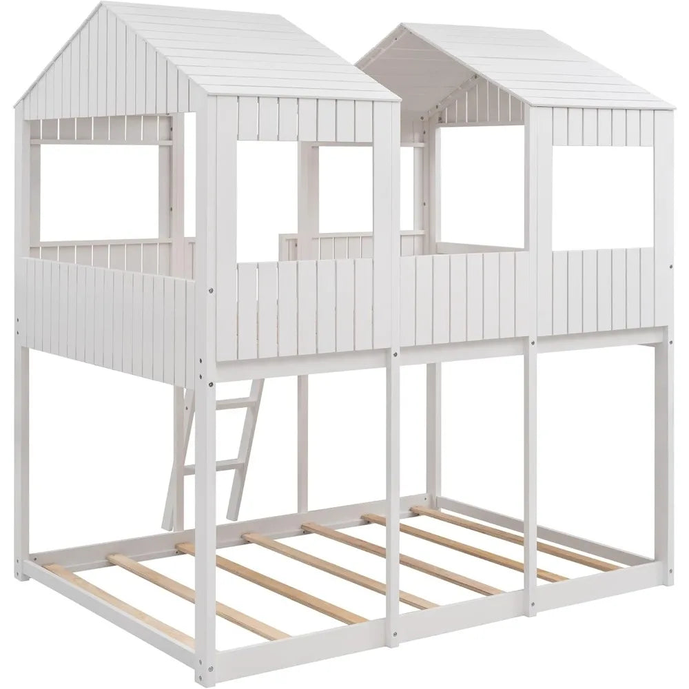 Harper & Bright Designs Full Over Full House Bunk Bed with Roof, Wood Floor Bunk Bed Frame with Window, Guardrail, Ladder for Kids