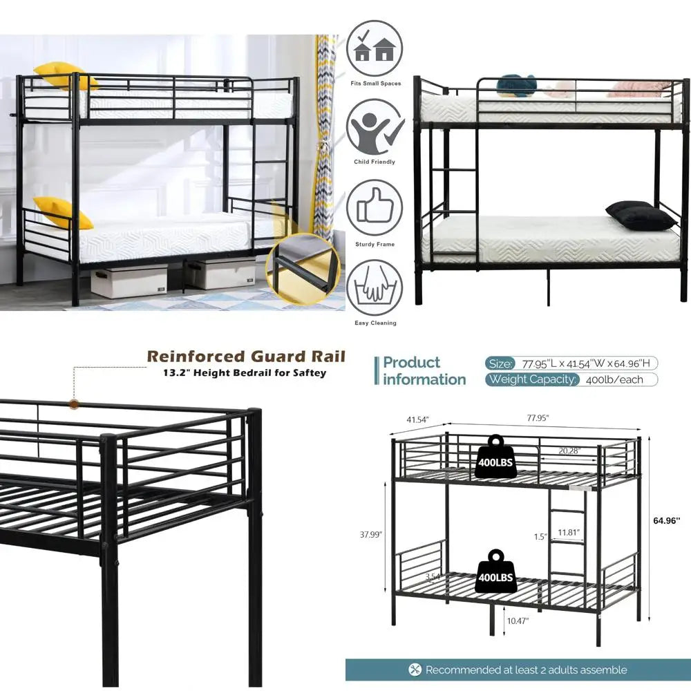 twin over twin heavy duty bunk bed W / flat ladder and 13" high guardrail for kids, teens, and adults