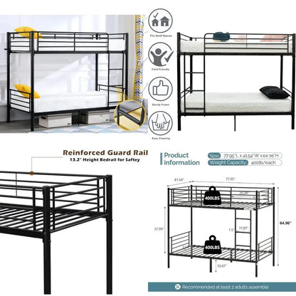 twin over twin heavy duty bunk bed W / flat ladder and 13" high guardrail for kids, teens, and adults