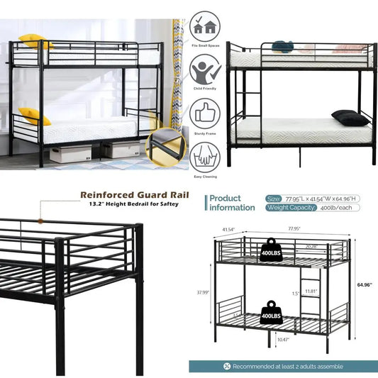 twin over twin heavy duty bunk bed W / flat ladder and 13" high guardrail for kids, teens, and adults