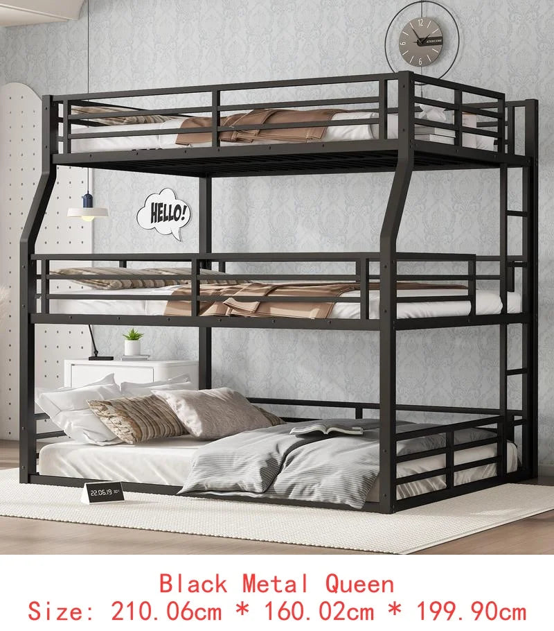 Metal Triple Bunk Bed, Full/Full XL over Queen over Queen with Safety Guardrails, Heavy-Duty Construction, Noise-Reducing