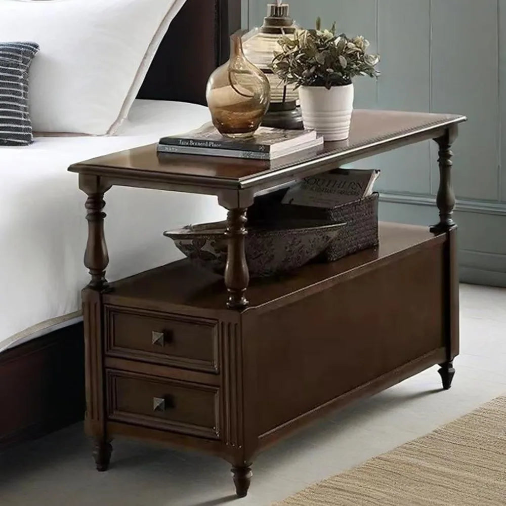 "Solid Wood End Table - 2 Drawers, Vintage Design