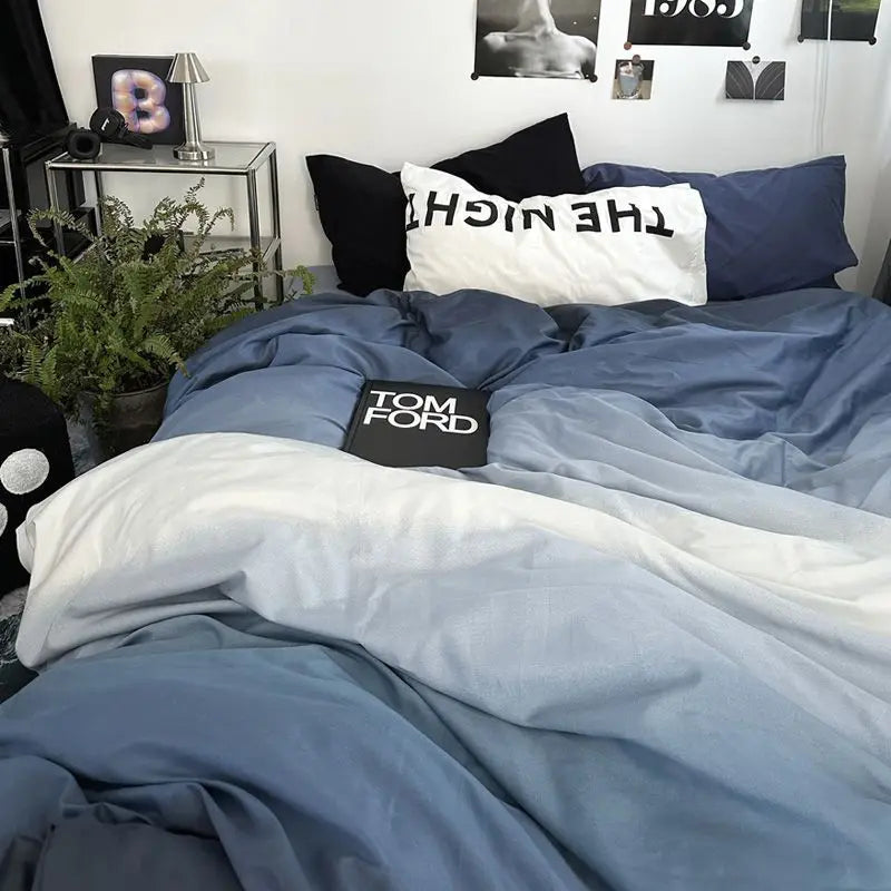 Bedding Set Ambiance Blue Coffee Grid Mixed W / Washed Cotton Fitted Sheets Duvet Cover