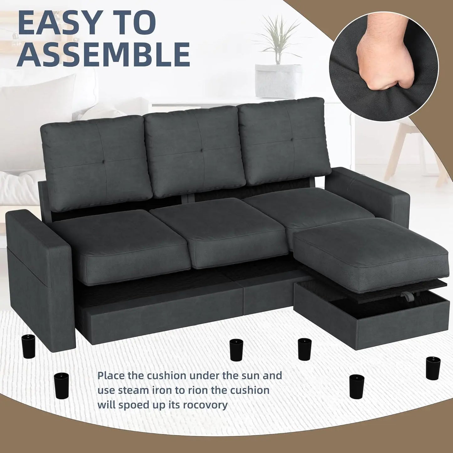 L-Shaped Couch 3 Seat Sofa Set W/ Linen Fabric & Ottoman Small Couch