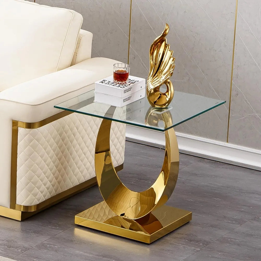 1 Piece Living Room End Table Luxury Glass Side Table, Modern Gold Stainless Steel Pedestal