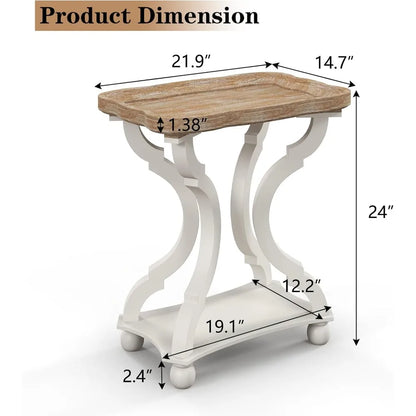 2 Farmhouse Accent End Table with Natural Tray, Solid Wood Frame