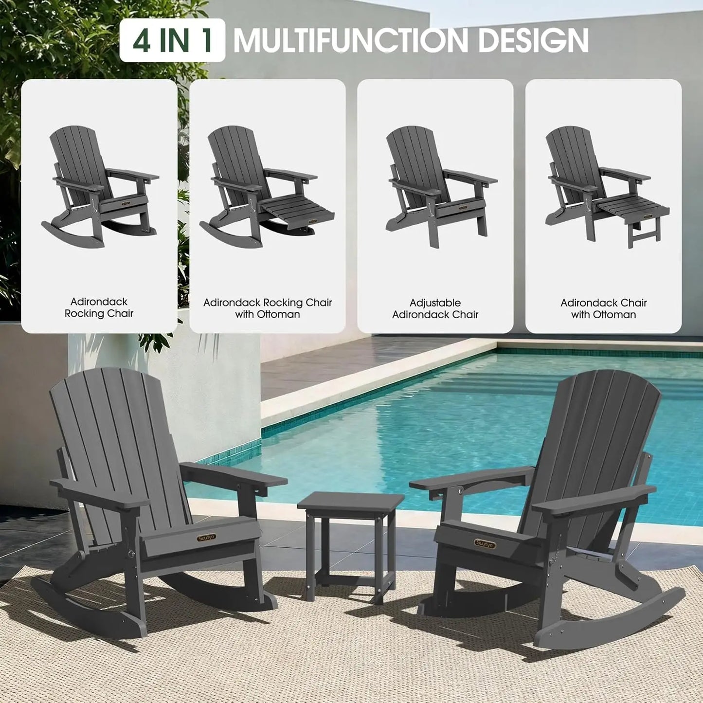 Adirondack Rocking Chair with Retractable Ottoman Set