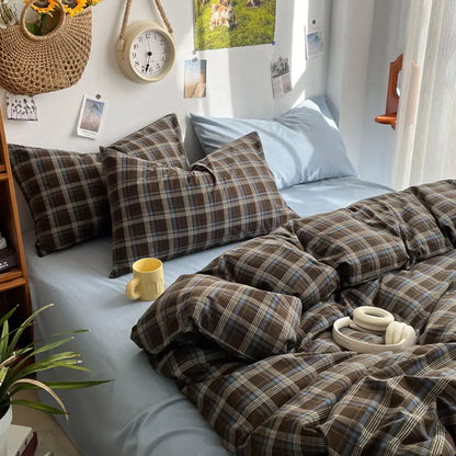 Bedding Set Ambiance Blue Coffee Grid Mixed W / Washed Cotton Fitted Sheets Duvet Cover