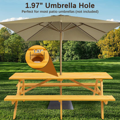 8 Person Wooden Picnic Table, Outdoor Camping Dining Table with 2 Seats, Garden, DIY with 2 Built-in Benches, 2220lb Capac