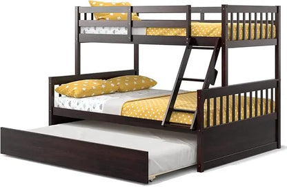 Twin over full bunk bed W / trundle, solid pine wood frame, space-saving design with ladder and safety rails