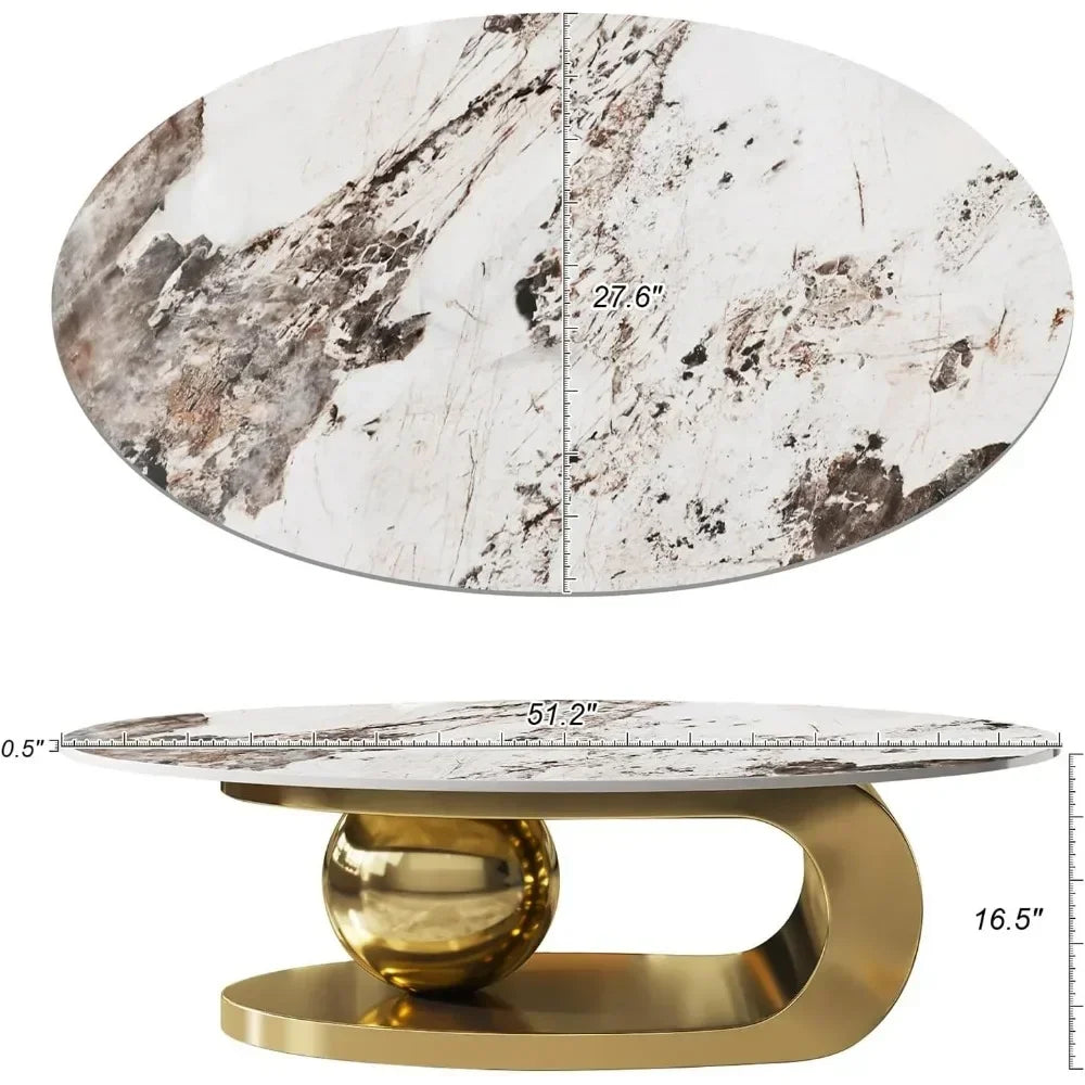 Modern Oval Stone Coffee Table with Abstract Gold Metal Base