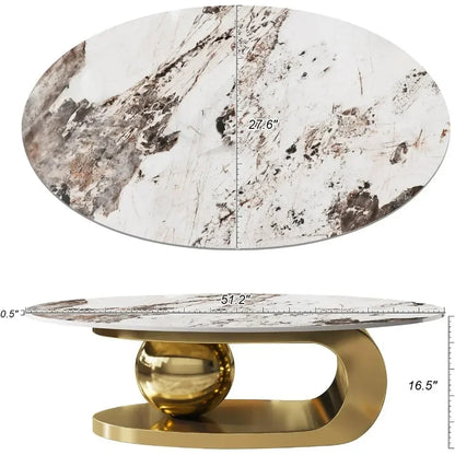 Modern Oval Stone Coffee Table with Abstract Gold Metal Base