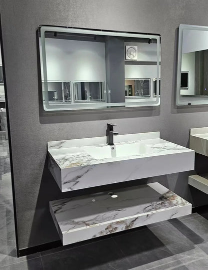 Bathroom Cabinet Vanity Double-layered Slab Rock W/ Ceramic Washbasin