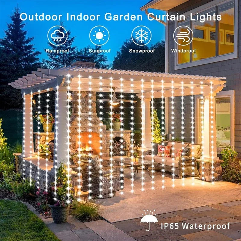 Outdoor Solar Curtain Light 3x3M 300Leds Holiday Decorations Garland