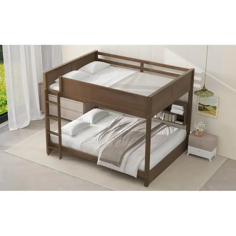 Queen Over Queen Bunk Bed with Storage, USB Ports, Antique Finish