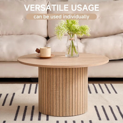 Round Nesting Coffee Tables Set of 2, Wood Slat Side Table