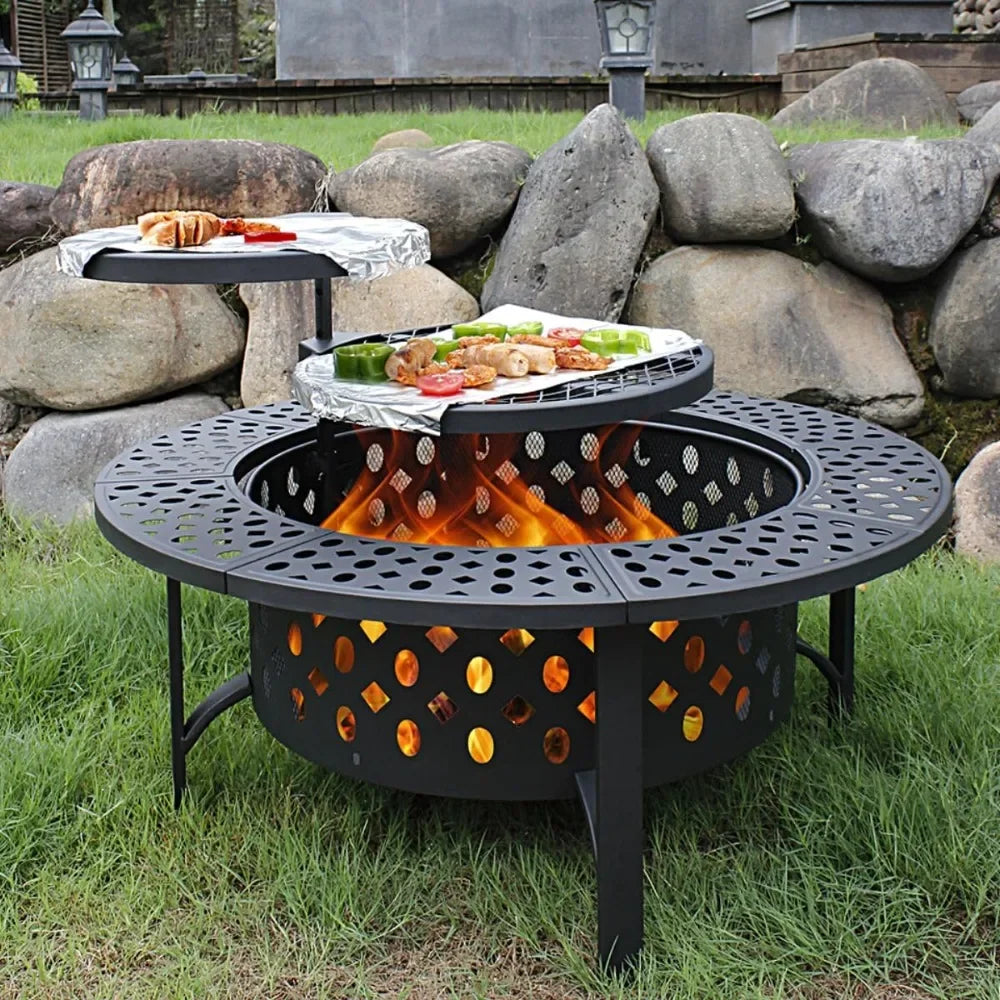 Fire Pit with 2 Grills, Wood Burning Fire Pits for Outside with Lid,