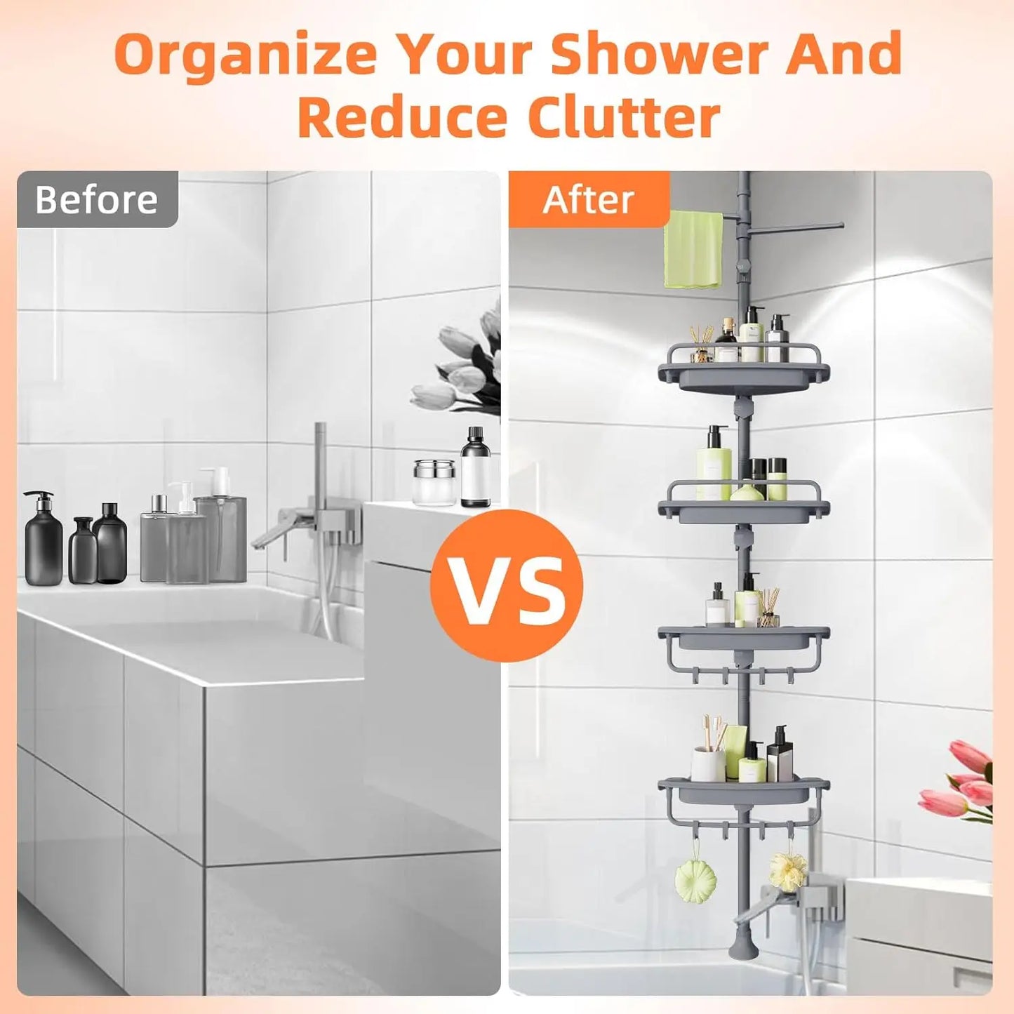 32-122inch Corner Shower Caddy Tension Pole Grey, Rustproof Drill-Free