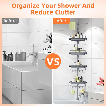 32-122inch Corner Shower Caddy Tension Pole Grey, Rustproof Drill-Free