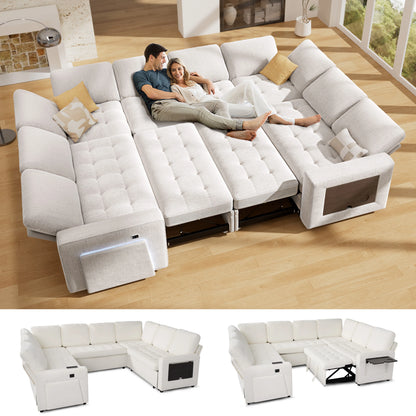U-Shaped Modular Sectional (8-Seat) - Pull Out Bed Sleeper, Reclining Backrest, USB Ports, LED Light, Storage Seat