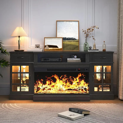 Oenomel 70 Fireplace TV Stand with 3-Sided Glass Fireplace, Modern Wood Entertainment Center with LED Lights and Glass Door, 36