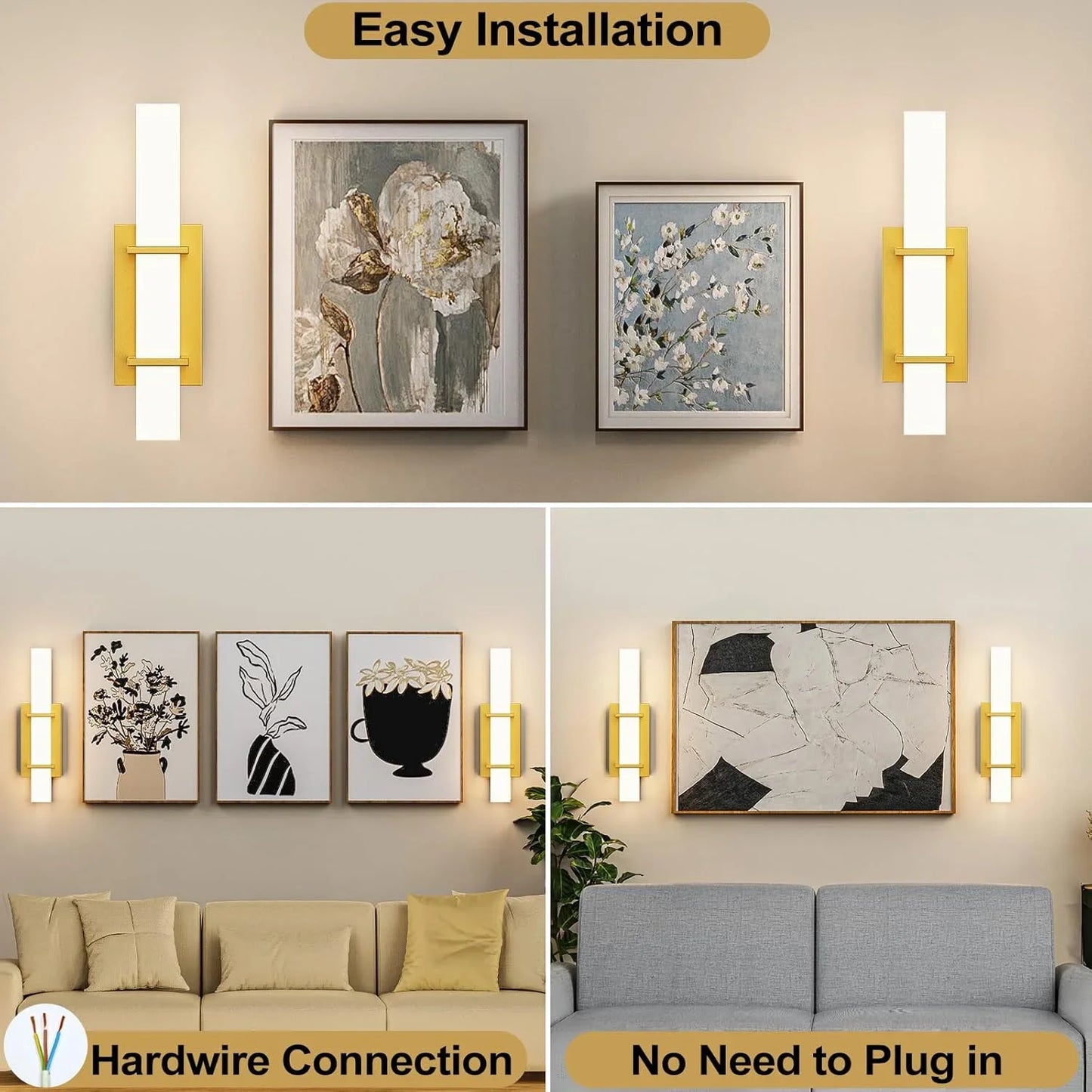 Modern LED Wall Sconce Light, 2-Pack Dimmable Up/Down Gold Vanity Light Fixture,