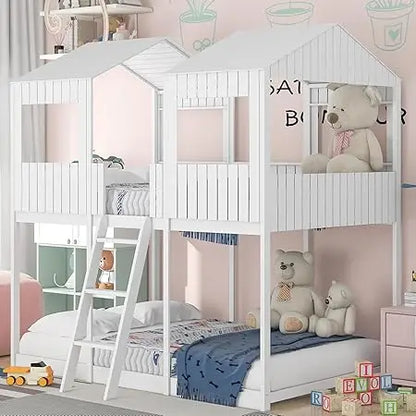 Harper & Bright Designs Full Over Full House Bunk Bed with Roof, Wood Floor Bunk Bed Frame with Window, Guardrail, Ladder for Kids