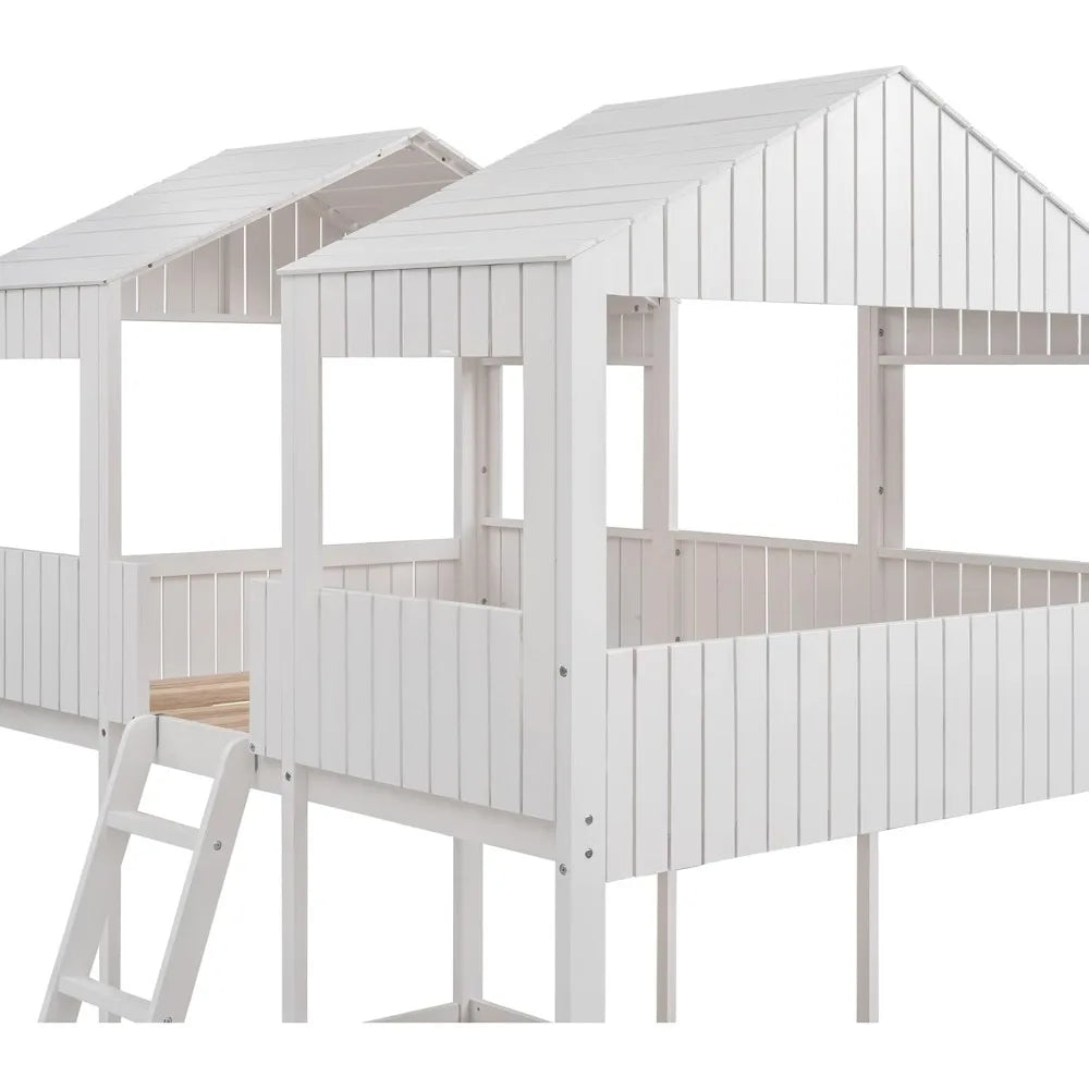 Harper & Bright Designs Full Over Full House Bunk Bed with Roof, Wood Floor Bunk Bed Frame with Window, Guardrail, Ladder for Kids