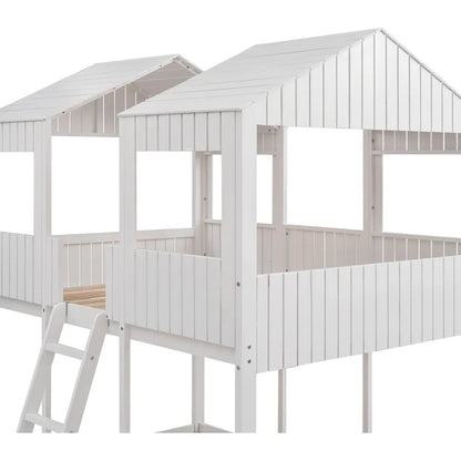 Harper & Bright Designs Full Over Full House Bunk Bed with Roof, Wood Floor Bunk Bed Frame with Window, Guardrail, Ladder for Kids