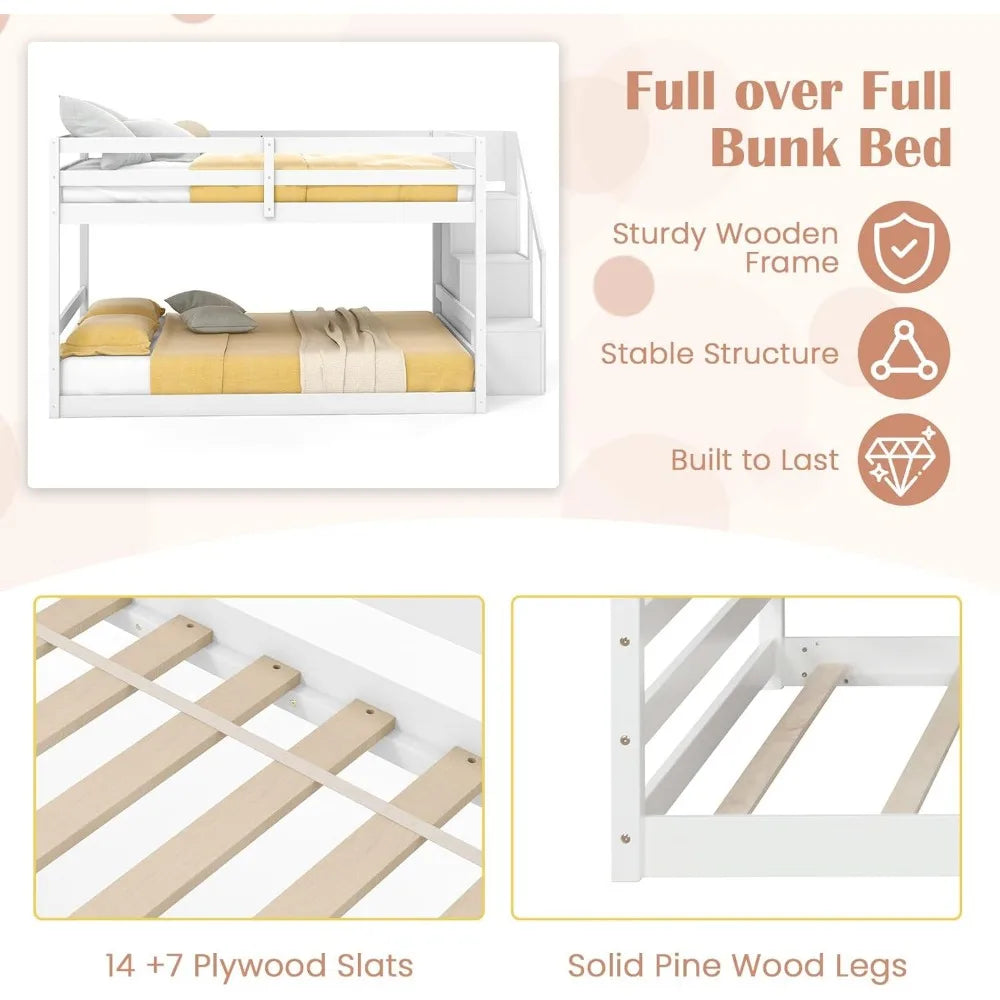 Solid wood full over full bunk bed W / staircase, storage and full-length guardrails, low loft bed